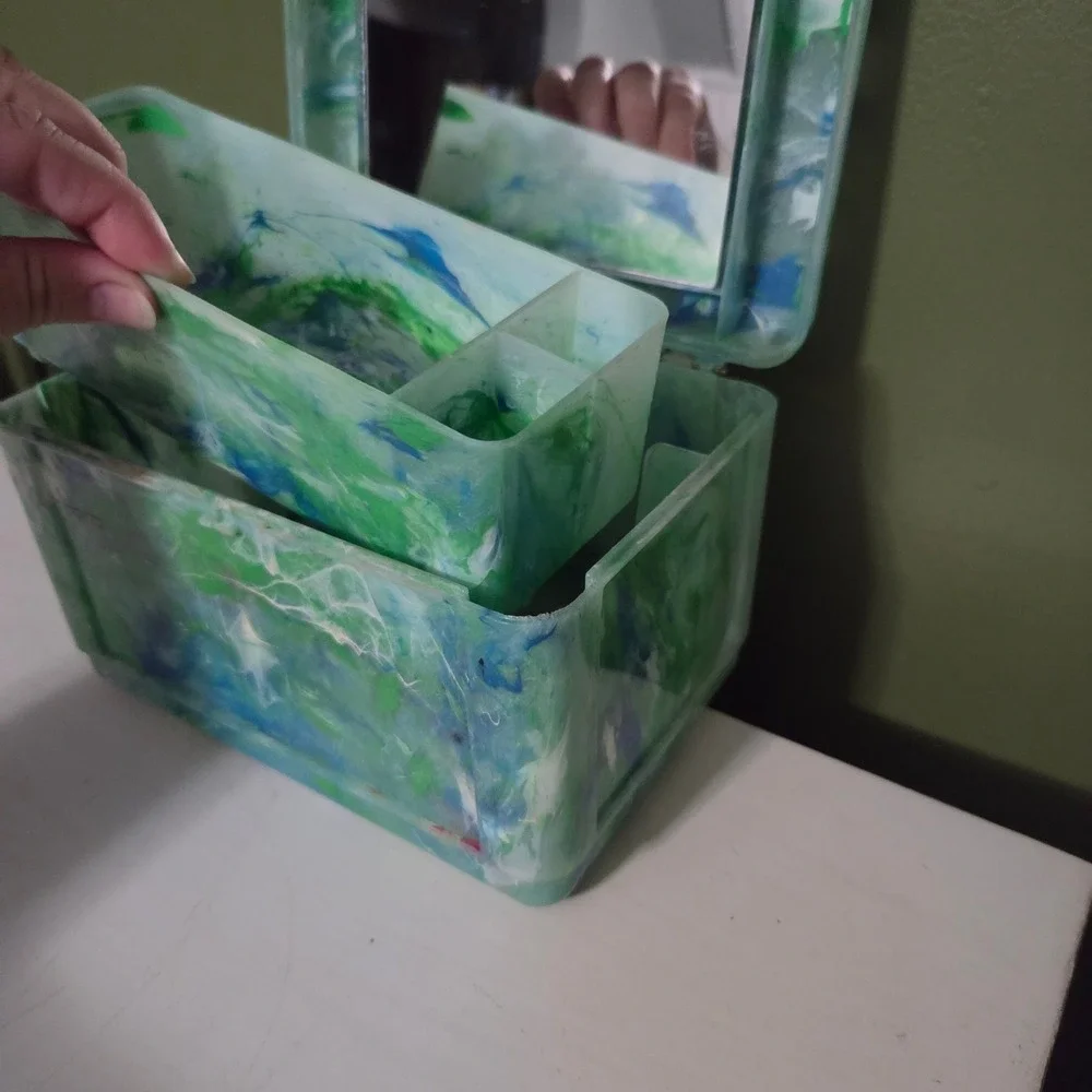 Caboodle Vintage Green Blue Marble Makeup Organizer Mirror Case